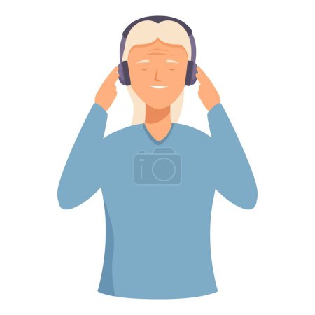 Illustration einer zufriedenen älteren Frau mit geschlossenen Augen, die über Kopfhörer Musik hört