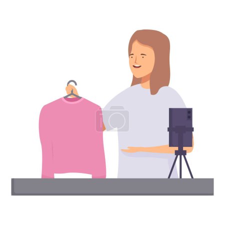 Lächelnde junge Frau zeigt für ihren Modeblog einen pinkfarbenen Pullover vor der Kamera