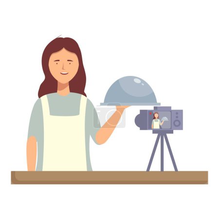 Mujer sonríe mientras se filma para un vlog de cocina, presentando un plato