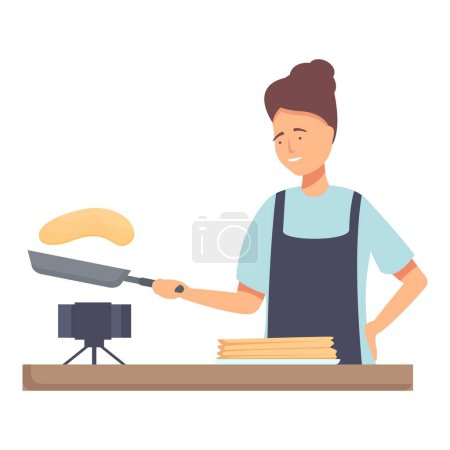 Illustration einer lächelnden Frau, die in ihrer Küche gekonnt Pfannkuchen blättert