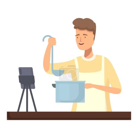 Alegre chef graba un video culinario, demostrando una receta delante de una cámara