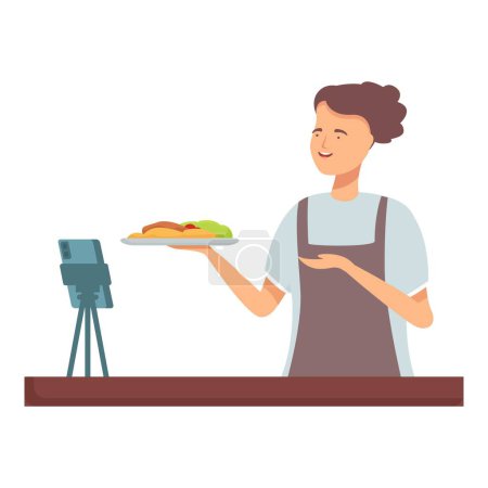 Smiling content creator in an apron showcasing a plate of food while recording