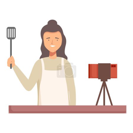 Cheerful female chef holding a spatula in a kitchen set, ready to film a cooking tutorial