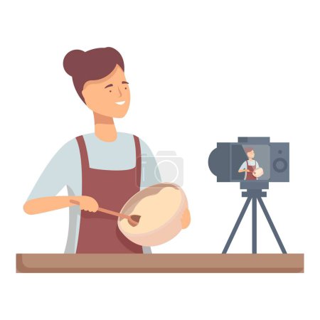 Lächelnde Frau, die in ihrer modernen Küche eine Kochshow mit ihrer Digitalkamera filmt. Erstellen von Inhalten für ihr Online-Tutorial Vlogging-Kanal. Zutaten in einer Schüssel mit einem Holzlöffel mischen