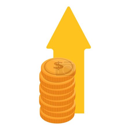 3d isometric illustration of gold coins stack with upward arrow symbolizing increase in wealth