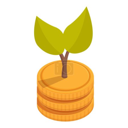 Isometrisches umweltfreundliches Anlagekonzept mit Goldmünzen und grünen Blättern als Illustration einer umweltbewussten Geschäftschance für nachhaltiges Finanzwachstum und Vermögensbildung