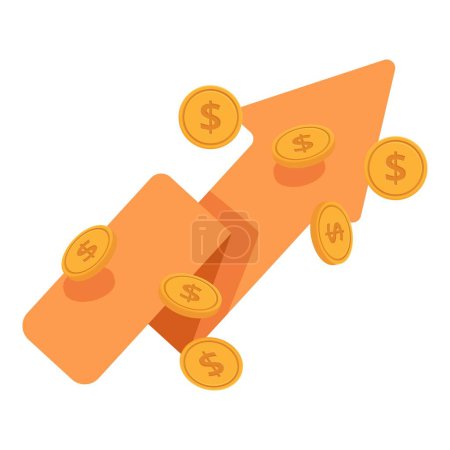 Isometric vector illustration of a 3d financial success icon with an upward trend arrow, coins, and graph symbolizing profit, growth, and increase in investment earnings