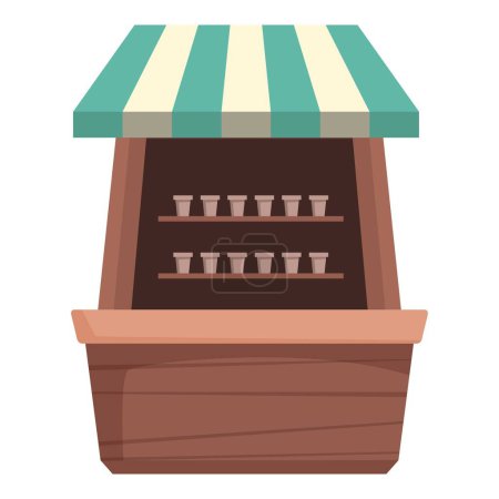 Illustration of a quaint wooden market stall with a green and white striped awning and empty shelves