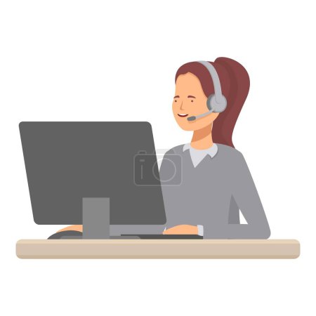 Illustration of a smiling female call center agent with headphones working on a computer