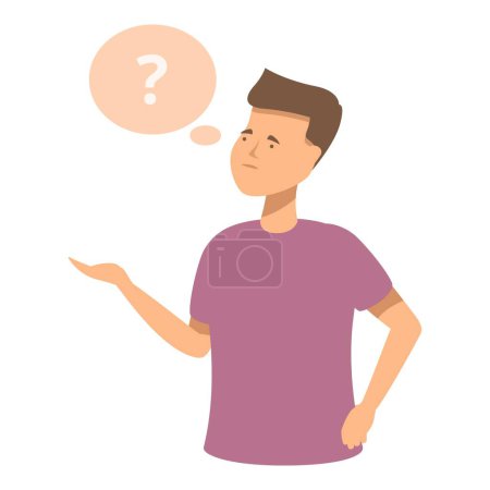 Téléchargez les illustrations : Jeune homme illustré en chemise violette regardant perplexe avec une bulle point d'interrogation - en licence libre de droit