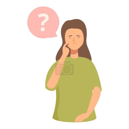 Illustrated woman in green with a questioning expression and a speech bubble