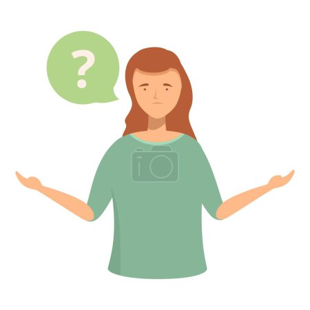 Dibujos animados de una mujer joven encogiéndose de hombros con un signo de interrogación de la burbuja del habla, simbolizando la confusión