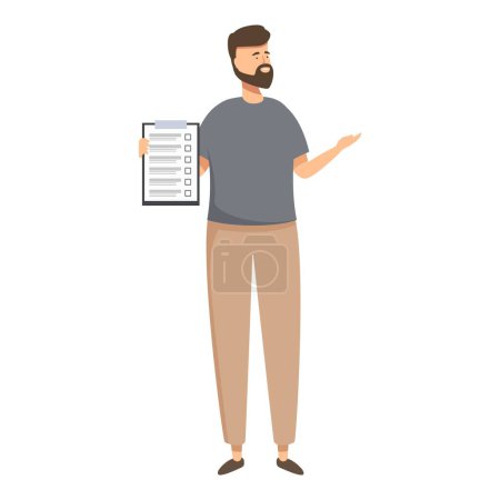 Téléchargez les illustrations : Bearded man standing and presenting report checklist on a clipboard vector illustration character in business casual attire with a modern lifestyle - en licence libre de droit