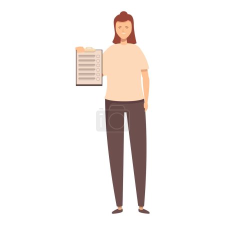 Téléchargez les illustrations : Smiling and confident woman holding checklist illustration in flat design, standing full length, with a clipboard and document, representing efficient productivity and organized management concept - en licence libre de droit