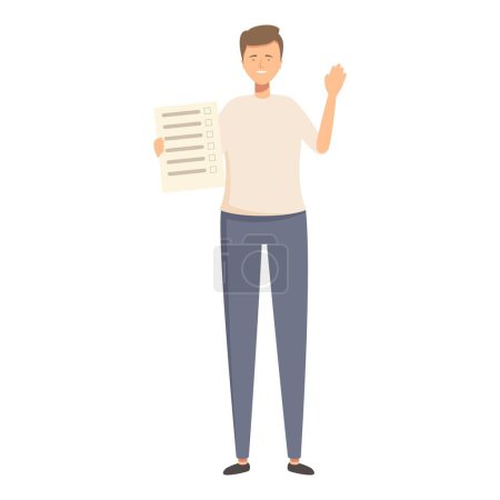 Vector illustration of a smiling young man holding a document and greeting with a raised hand