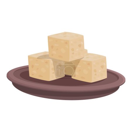 Cartoon image showing three cubes of cheese on a brown plate, isolated on white