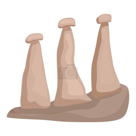 Ilustración vectorial estilizada de tres formaciones rocosas desérticas de dibujos animados sobre un fondo llano