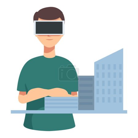 Illustration of a young male with vr glasses engaged in a simulated city environment