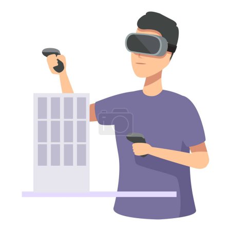 Graphic illustration of a person engaged in virtual reality, holding controllers in a simulated environment