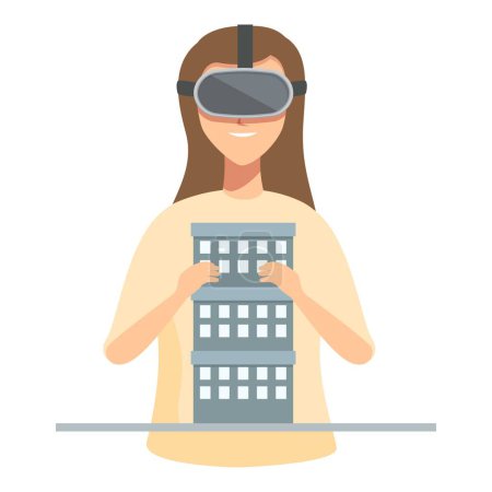 Ilustración estilizada de una mujer usando un auricular vr para interactuar con un modelo de edificio
