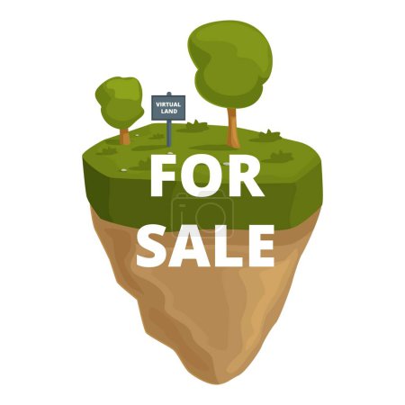 Ilustración aislada mostrando una isla flotante con un signo de venta, que representa bienes raíces virtuales