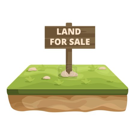 Isometrische Illustration eines grasbewachsenen Grundstücks mit einem hölzernen Verkaufsschild