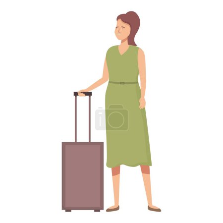 Jeune voyageuse élégante avec valise verte debout et prête pour l'aventure. Illustration vectorielle en plan simple. Isolé et à la mode