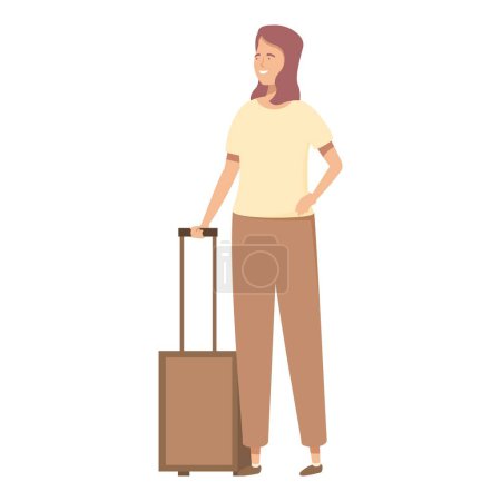 Fröhliche Frau steht mit Koffer und zeigt Reisebereitschaft und Abenteuer