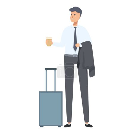 Smiling businessman holding coffee with luggage, ready for a trip