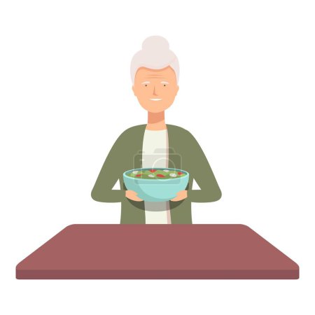 Téléchargez les illustrations : Illustration d'une femme âgée souriante tenant un bol de salade, faisant la promotion d'une alimentation saine - en licence libre de droit