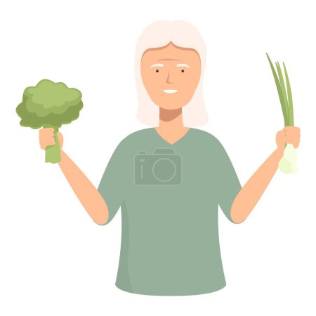 Téléchargez les illustrations : Illustration d'une femme âgée souriant tout en affichant un brocoli et des oignons verts - en licence libre de droit