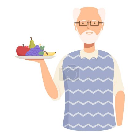 Téléchargez les illustrations : Illustration d'un vieil homme souriant tenant une assiette de fruits frais, symbolisant une alimentation saine - en licence libre de droit