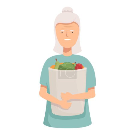 Téléchargez les illustrations : Heureuse dame âgée portant un sac rempli de légumes, favorisant de saines habitudes alimentaires - en licence libre de droit