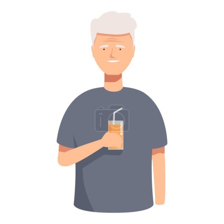 Illustration of a smiling elderly man with grey hair holding a refreshing glass of juice