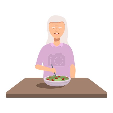 Illustration of a smiling elderly woman eating a bowl of fruit salad