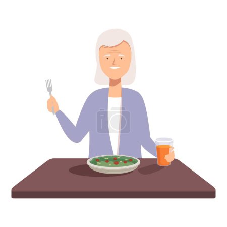 Illustration of an elderly woman smiling while holding a fork and a drink, ready to dine