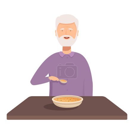 Elderly retired man with silver hair enjoying a nutritious and homemade bowl of warm soup at the dinner table