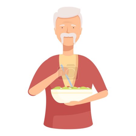 Illustration of an elderly man with a beard happily eating a healthy bowl of salad