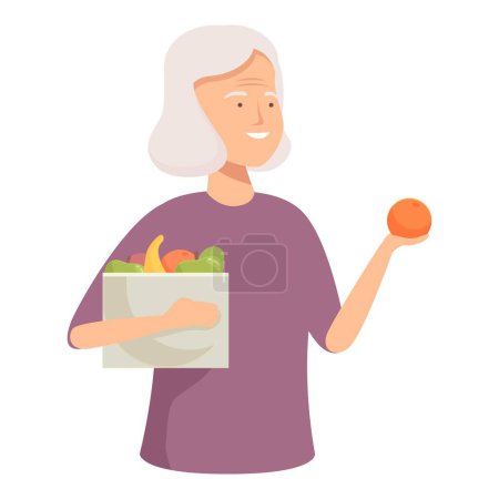 Elderly lady with a smile holding a paper bag full of fresh fruits and vegetables, promoting a healthy diet