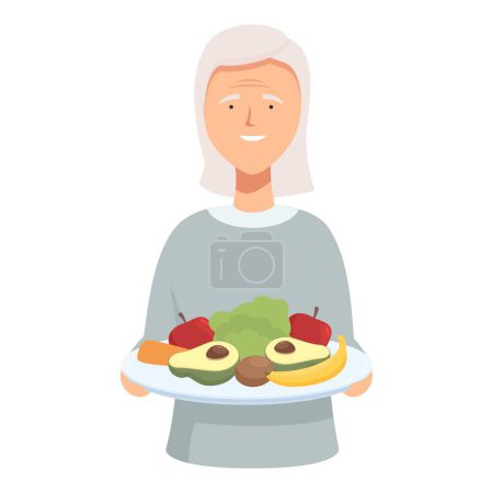Téléchargez les illustrations : Illustration d'une femme âgée souriante tenant une assiette d'aliments colorés et nutritifs - en licence libre de droit