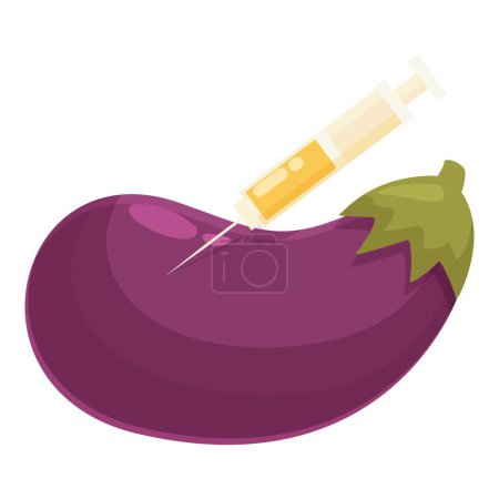 Ilustración de una jeringa inyectando una berenjena púrpura, simbolizando la modificación genética de los alimentos