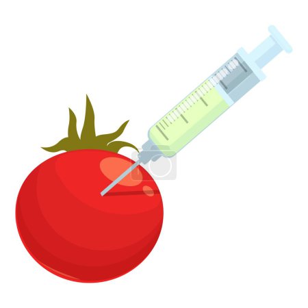 Gráfico vectorial representa una jeringa inyectando líquido en un tomate rojo brillante, simbolizando gmo