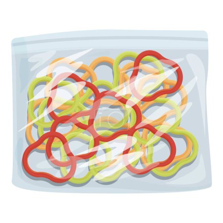 Assortiment de bandes plastiques colorées organisées dans un récipient en plastique transparent, isolées sur blanc