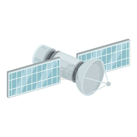 Detaillierte Vektorillustration eines isometrischen Satelliten mit Sonnenkollektoren im Weltraum. Modernste Technologie und Kommunikationsdesign. Perfekt für die Wissenschaft. Raumfahrt. Und technische Konzepte