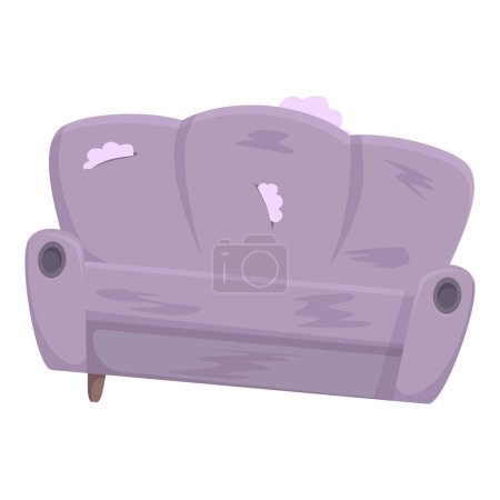 Illustration d'un canapé violet usé dans un salon chic et minable intérieur avec revêtement endommagé, couleur décolorée et tissu déchiré, nécessitant un remplacement