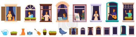Window neighbor vector. A series of windows with people in them, some are playing instruments, others are working on laptops, and some are just relaxing