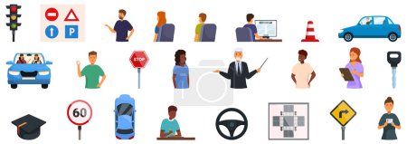 Driving school lessons vector. A collection of icons for various traffic signs and symbols. The icons include a stop sign, a yield sign, a speed limit sign, a pedestrian crossing sign