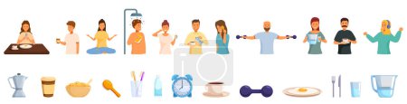 Morning ritual vector. A group of people are shown in various activities such as eating, drinking, and exercising. Concept of a healthy lifestyle and the importance of taking care of one body