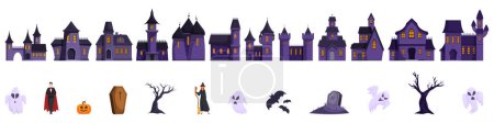 Téléchargez les illustrations : Vieux château fantômes vecteur. Une rangée de maisons avec un thème d'Halloween. Les maisons sont décorées de fantômes, de sorcières et de citrouilles - en licence libre de droit