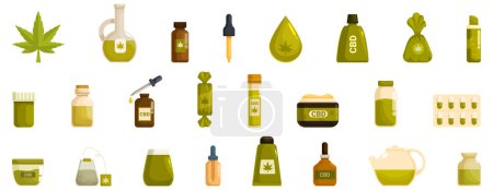 Hemp cannabinoid extract vector. A collection of various green items, including bottles, cups, and bags, with the word cannabis written on some of them